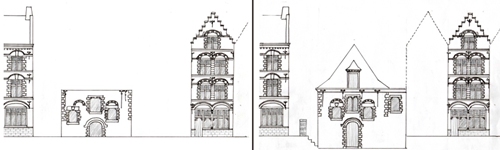 Etat actuel et hypothèse de restitution du moulin Saint-Pierre : élévation depuis la rue de la Monnaie