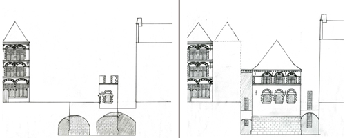 Etat actuel et hypothèse de restitution du moulin Saint-Pierre : coupe et élèvation depuis l'intérieur de l'îlot Comtesse