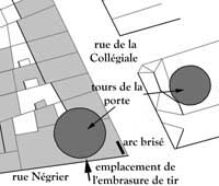 Plan de l’emplacement des vestiges de la porte Saint-Pierre, reportés sur le cadastre de 1745