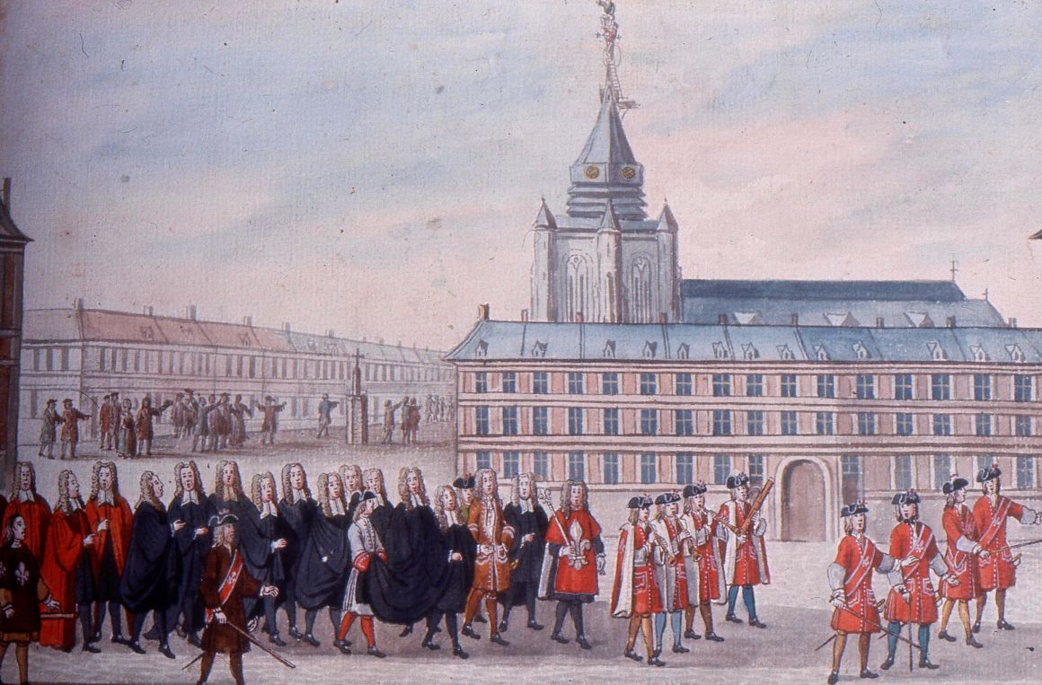 Aquarelle du manuscrit Pourchez, 1729 : la ville se réjouit de la naissance de Monseigneur le Dauphin